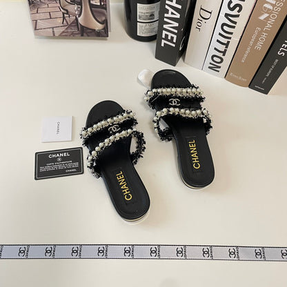 Elegant Double Strap Pearl Flat Slippers