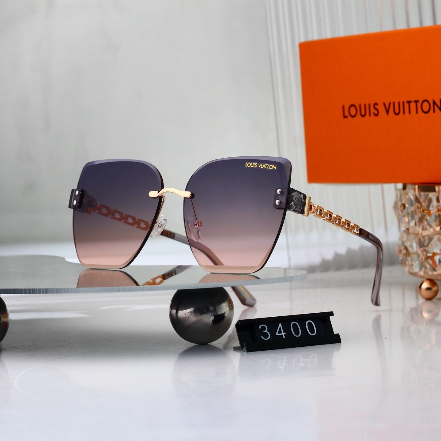 Chain Glow Rimless Sunglasses with Metal Chain Detail (Model 3400)