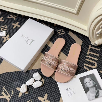 Letter Embroidered and Strass Flat Slides