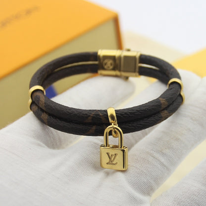 Double Leather Monogram Lock Bracelet